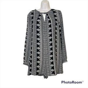 Astr Brocade Print Romper M Black 70s Jumper Keyhole Cutouts White